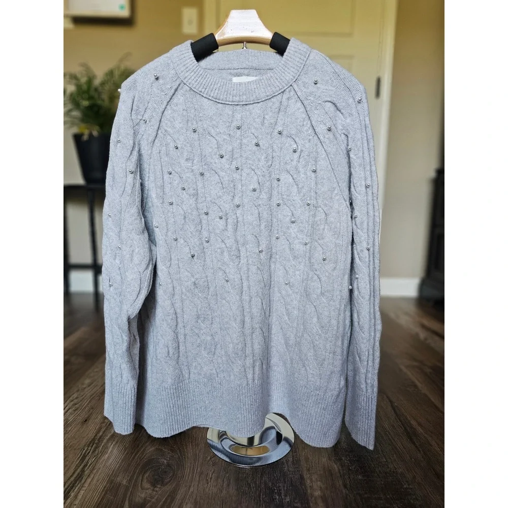 Aerie Pearl Embellished Cable Knit Sweater Grey Crew Neck Raglan Small NEW